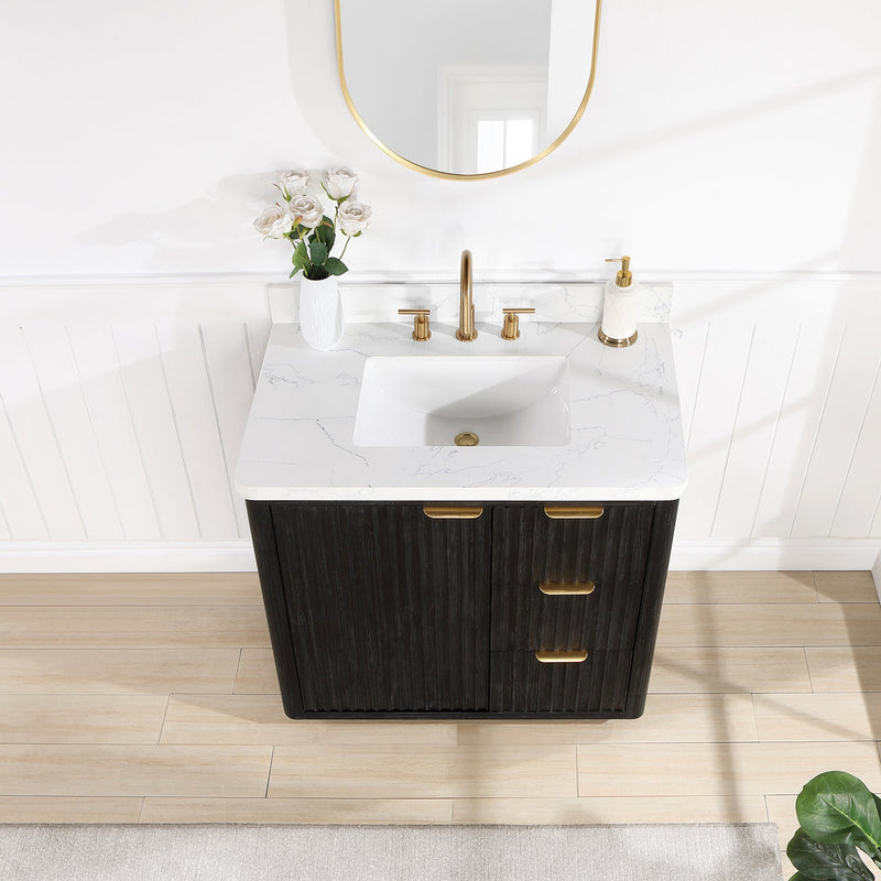 Vinnova 704136-FB-LW Cádiz 36in. Free-standing Single Bathroom Vanity in Fir Wood Black with Composite top in Lightning White