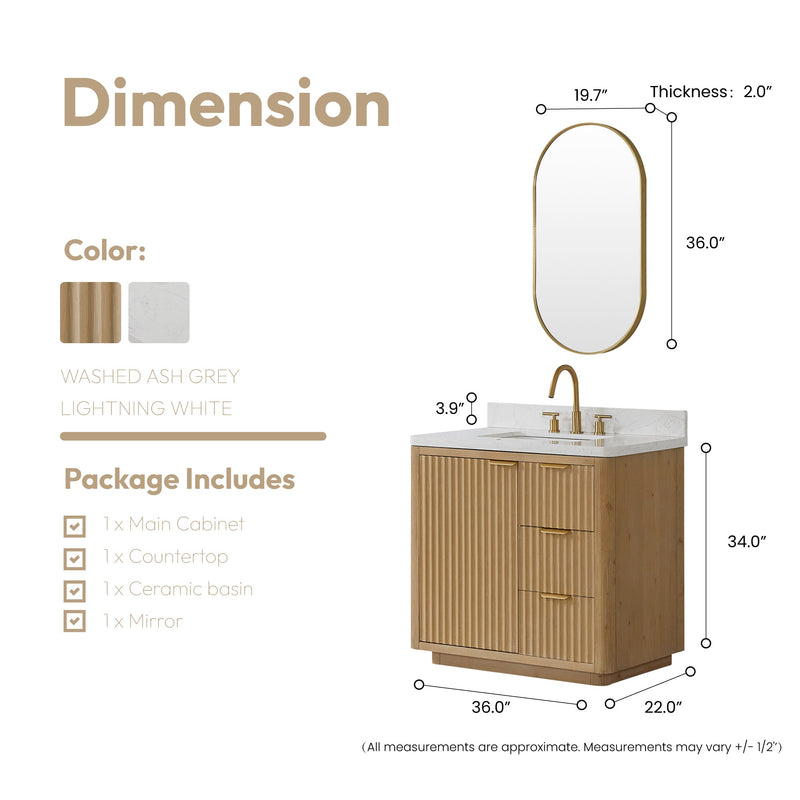 Vinnova 704136-WA-LW Cádiz 36in. Free-standing Single Bathroom Vanity in Washed Ash Grey with Composite top in Lightning White