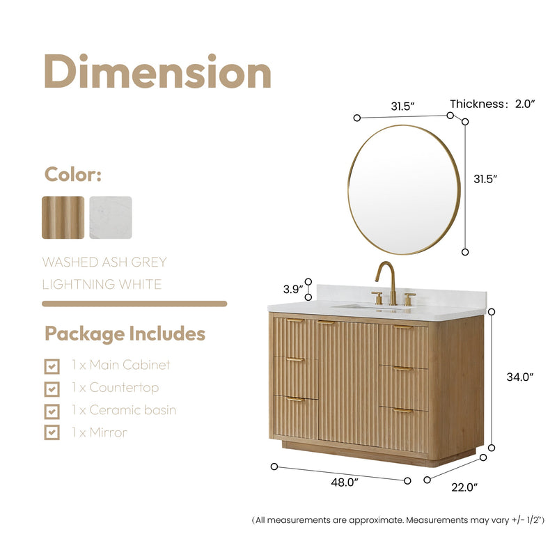 Vinnova 704148-WA-LW Cádiz 48in. Free-standing Single Bathroom Vanity in Washed Ash Grey with Composite top in Lightning White