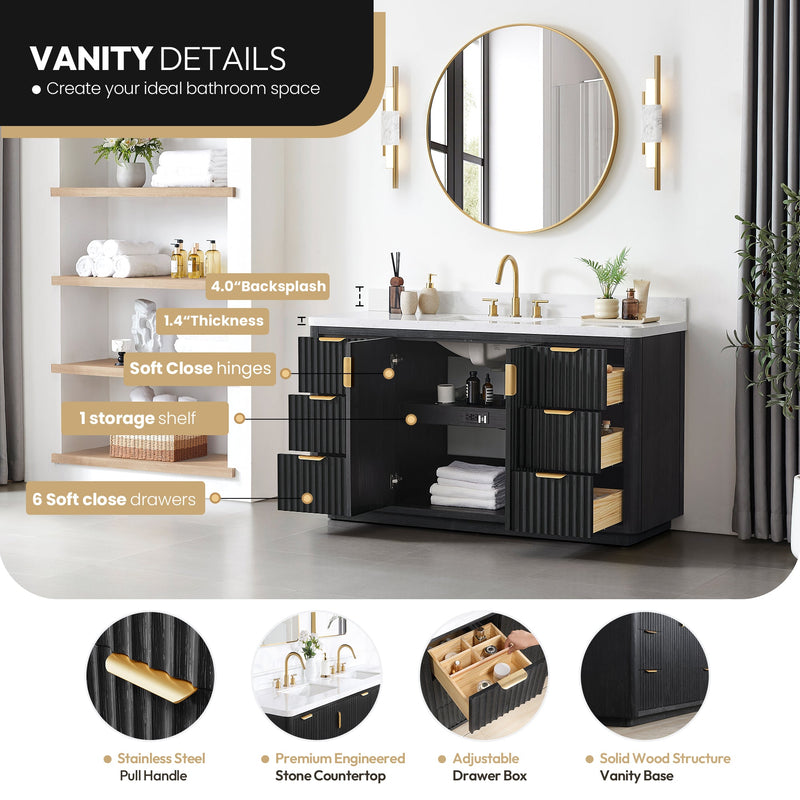 Vinnova 704160-FB-LW-NM Cádiz 60" Free-standing Single Bathroom Vanity in Fir Wood Black