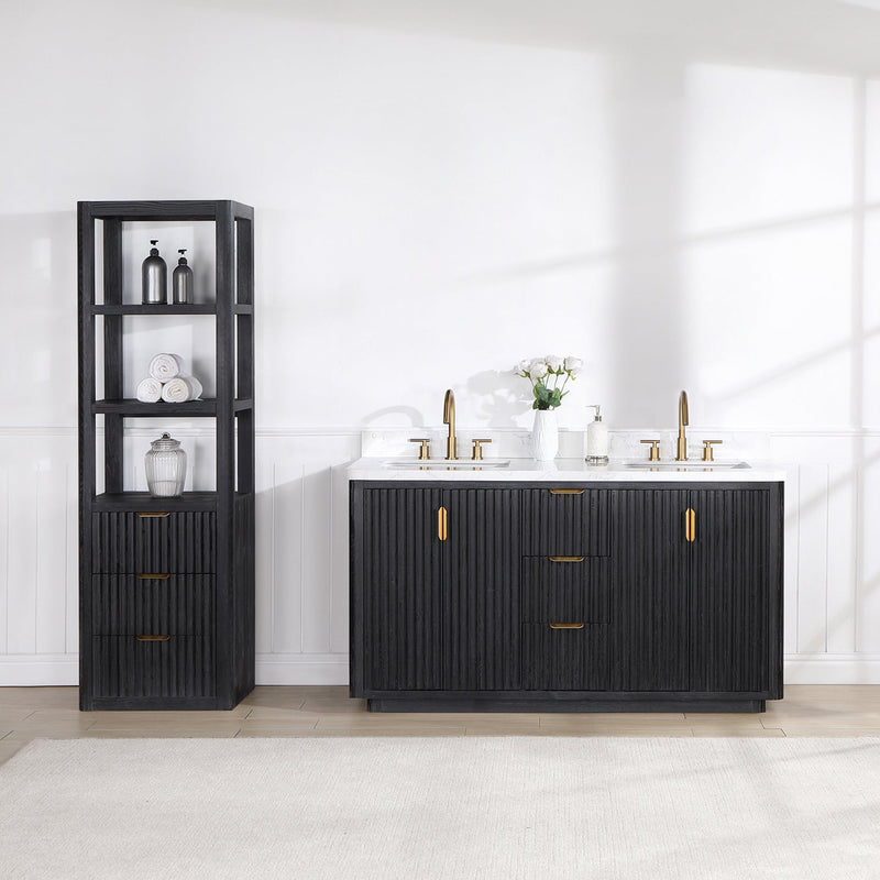 Vinnova 704160M-FB-LW Cádiz 60in. Free-standing Double Bathroom Vanity in Fir Wood Black with Composite top in Lightning White