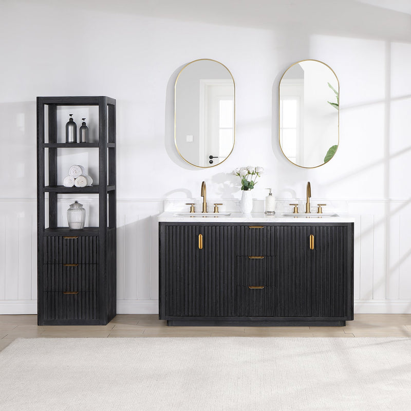 Vinnova 704160M-FB-LW Cádiz 60in. Free-standing Double Bathroom Vanity in Fir Wood Black with Composite top in Lightning White