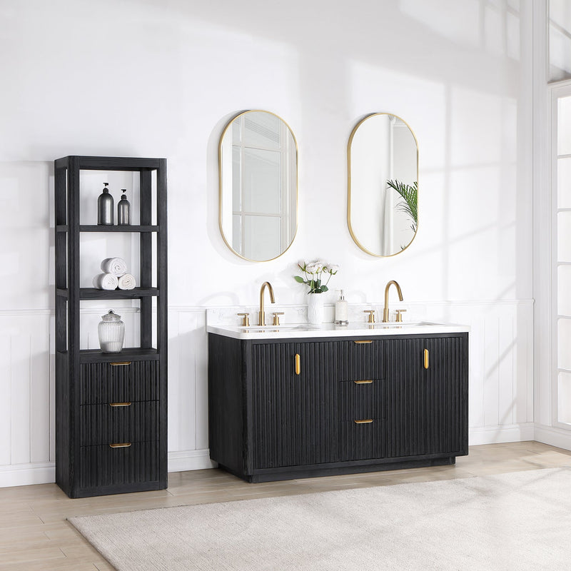 Vinnova 704160M-FB-LW Cádiz 60in. Free-standing Double Bathroom Vanity in Fir Wood Black with Composite top in Lightning White