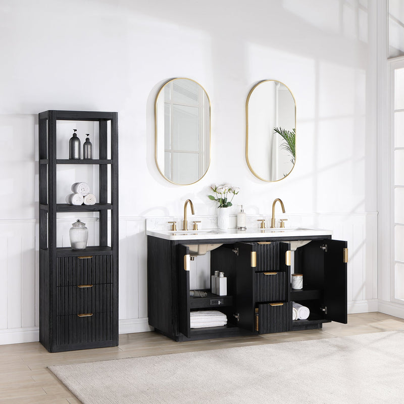 Vinnova 704160M-FB-LW Cádiz 60in. Free-standing Double Bathroom Vanity in Fir Wood Black with Composite top in Lightning White