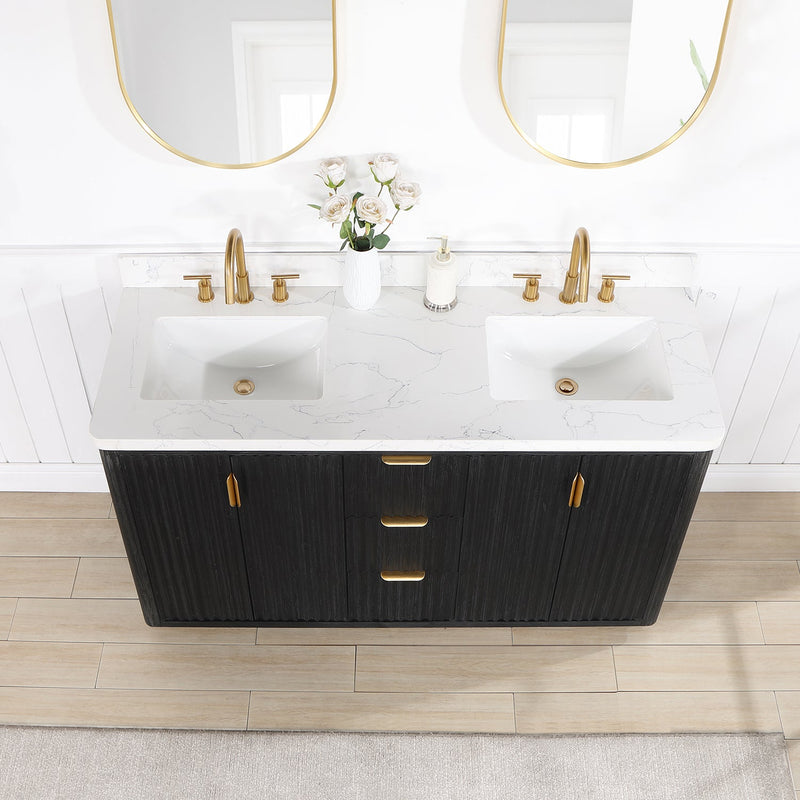 Vinnova 704160M-FB-LW Cádiz 60in. Free-standing Double Bathroom Vanity in Fir Wood Black with Composite top in Lightning White