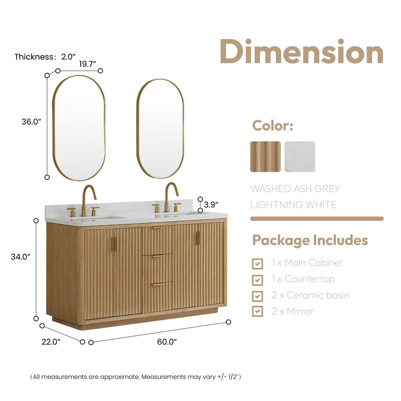 Vinnova 704160M-WA-LW Cádiz 60in. Free-standing Double Bathroom Vanity in Washed Ash Grey with Composite top in Lightning White