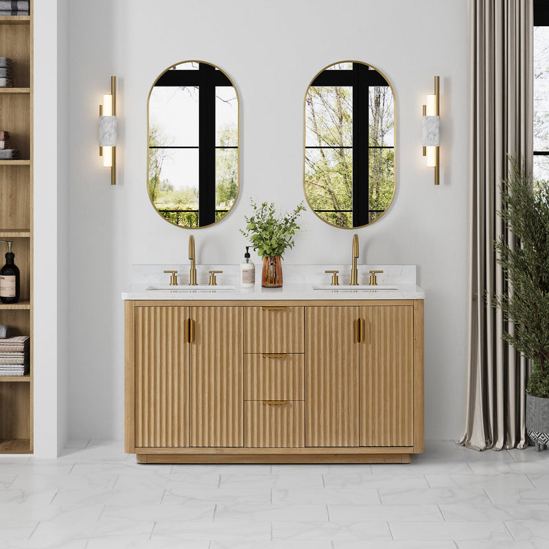 Vinnova 704160M-WA-LW Cádiz 60in. Free-standing Double Bathroom Vanity in Washed Ash Grey with Composite top in Lightning White