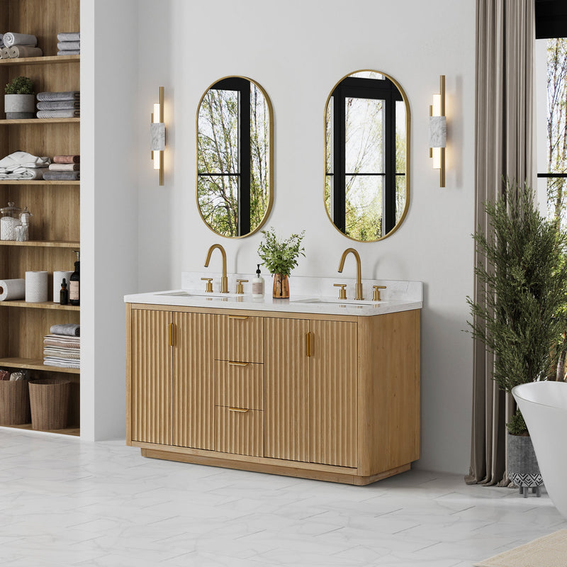 Vinnova 704160M-WA-LW Cádiz 60in. Free-standing Double Bathroom Vanity in Washed Ash Grey with Composite top in Lightning White