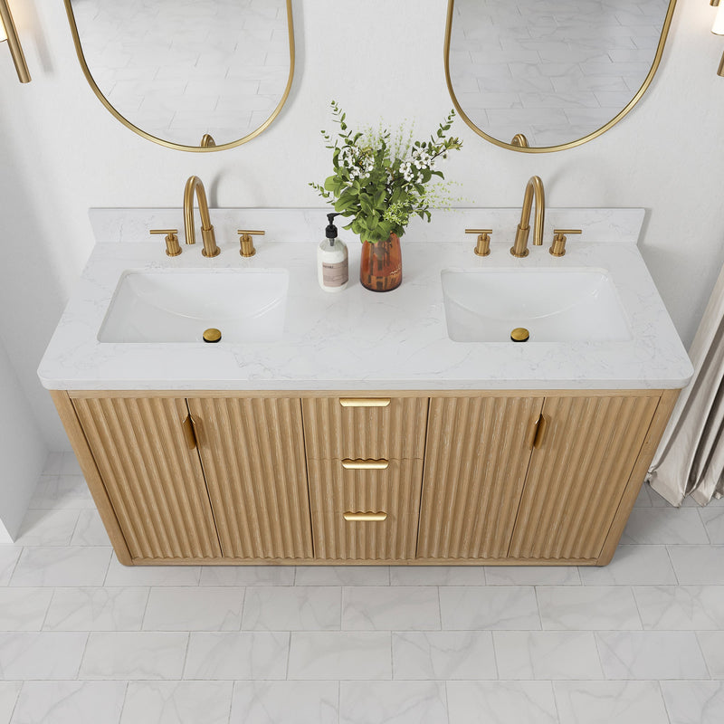 Vinnova 704160M-WA-LW Cádiz 60in. Free-standing Double Bathroom Vanity in Washed Ash Grey with Composite top in Lightning White