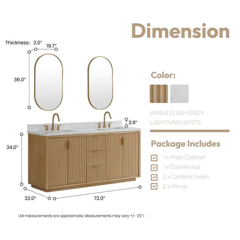 Vinnova 704172-WA-LW Cádiz 72in. Free-standing Double Bathroom Vanity in Washed Ash Grey with Composite top in Lightning White
