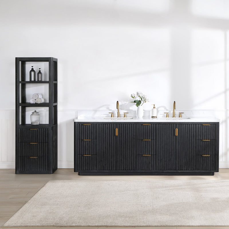 Vinnova 704184-FB-LW Cádiz 84in. Free-standing Double Bathroom Vanity in Fir Wood Black with Composite top in Lightning White