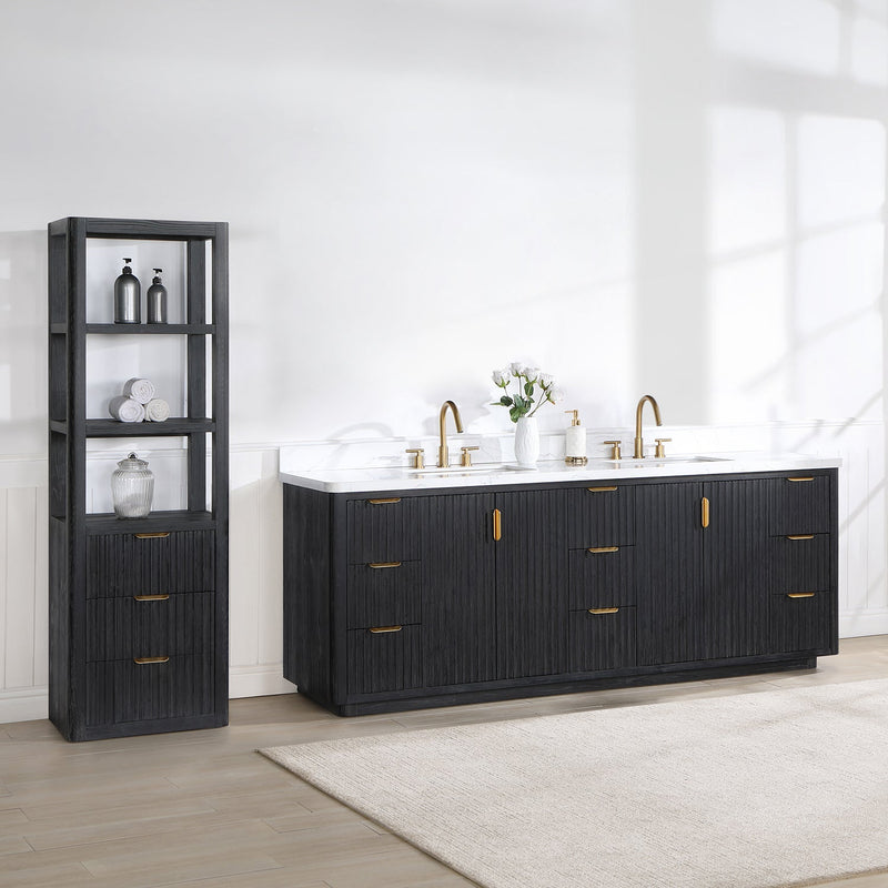Vinnova 704184-FB-LW Cádiz 84in. Free-standing Double Bathroom Vanity in Fir Wood Black with Composite top in Lightning White