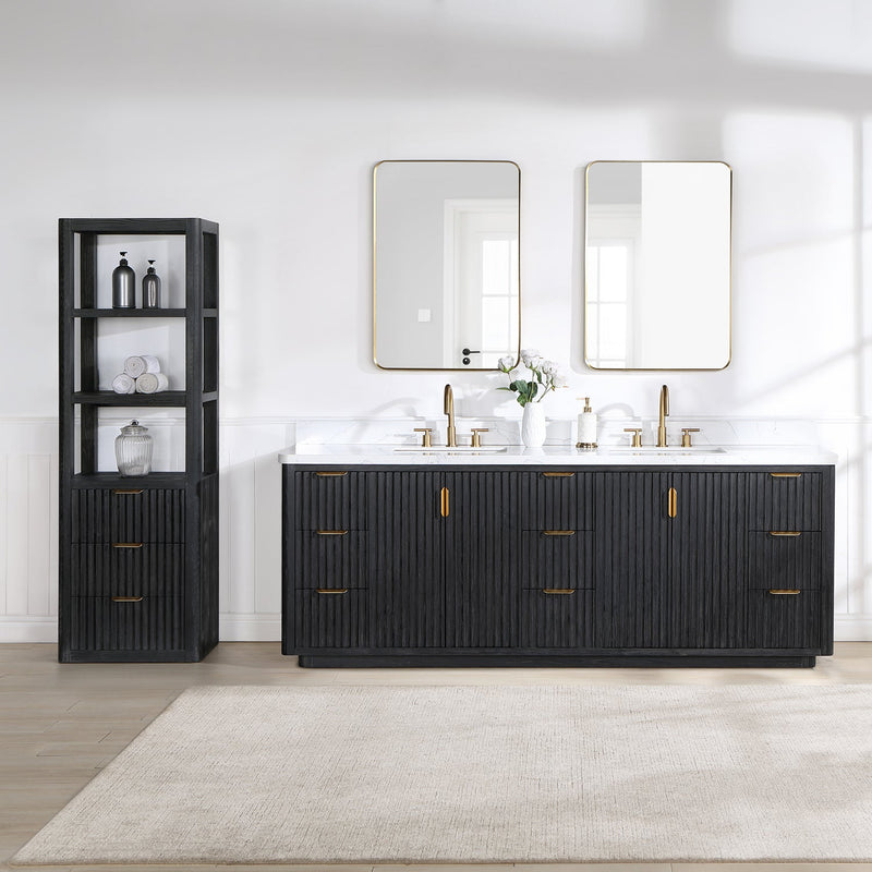 Vinnova 704184-FB-LW Cádiz 84in. Free-standing Double Bathroom Vanity in Fir Wood Black with Composite top in Lightning White