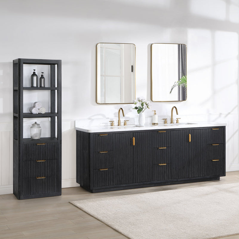 Vinnova 704184-FB-LW Cádiz 84in. Free-standing Double Bathroom Vanity in Fir Wood Black with Composite top in Lightning White
