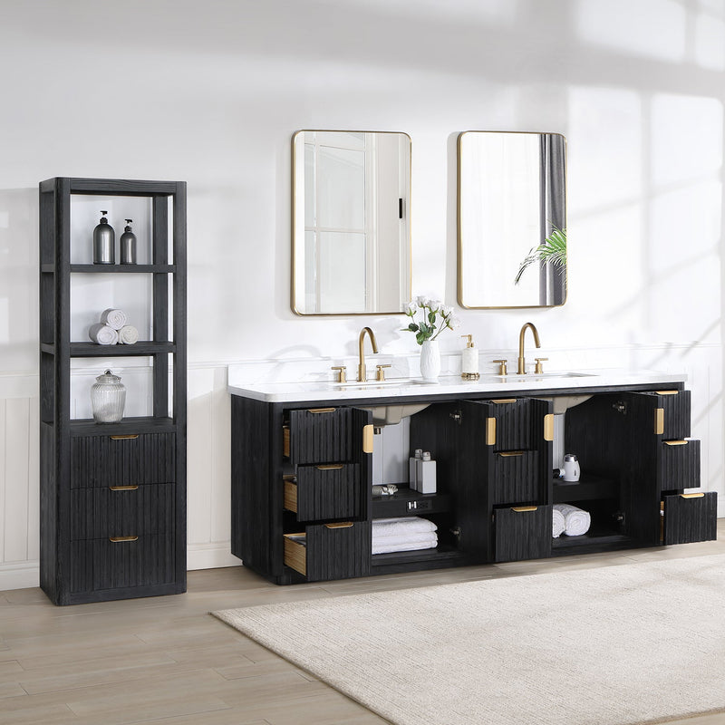Vinnova 704184-FB-LW Cádiz 84in. Free-standing Double Bathroom Vanity in Fir Wood Black with Composite top in Lightning White