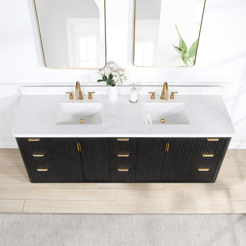 Vinnova 704184-FB-LW Cádiz 84in. Free-standing Double Bathroom Vanity in Fir Wood Black with Composite top in Lightning White