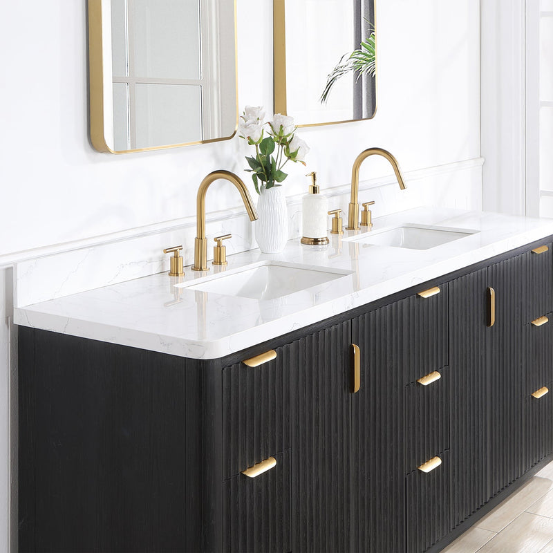 Vinnova 704184-FB-LW Cádiz 84in. Free-standing Double Bathroom Vanity in Fir Wood Black with Composite top in Lightning White