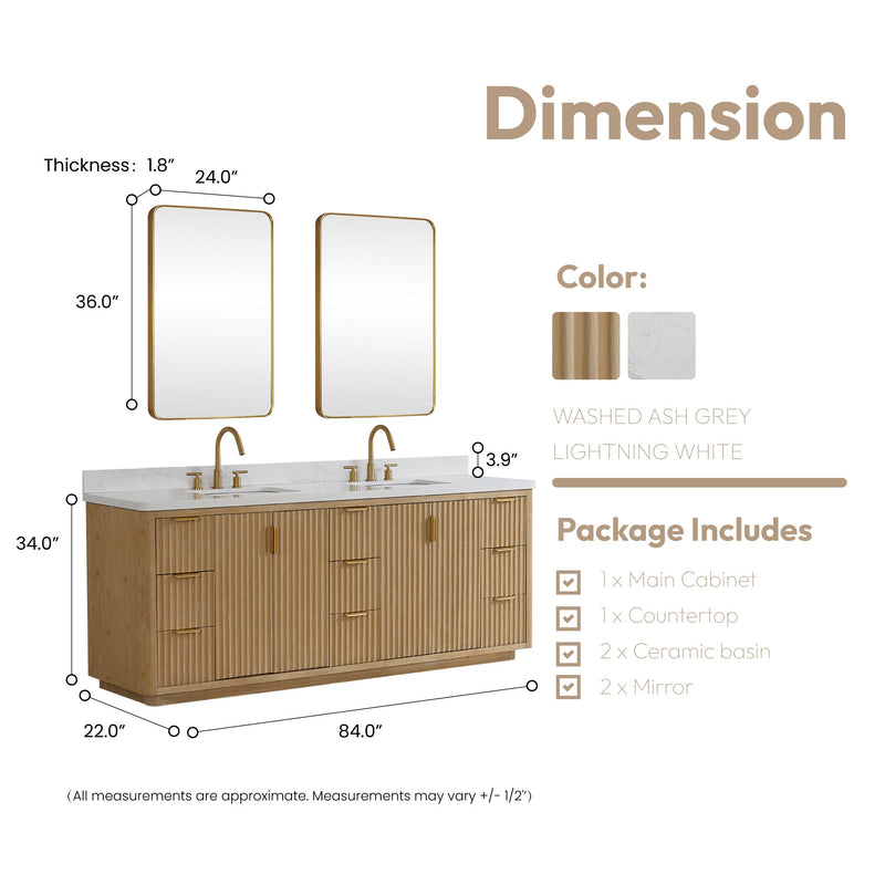 Vinnova 704184-WA-LW Cádiz 84in. Free-standing Double Bathroom Vanity in Washed Ash Grey with Composite top in Lightning White