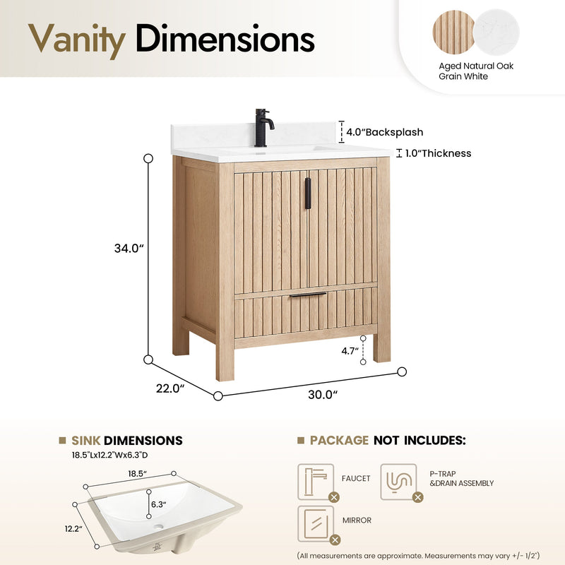 Vinnova 704230-AN-GW Shenzhen 30" Single Sink Bath Vanity in Aged Natural Oak