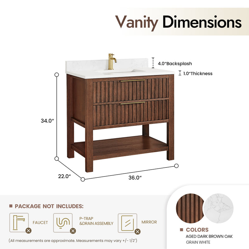 Vinnova 704336-AD-GW Vitre 36" Single Sink Bath Vanity in Aged Dark Brown Oak