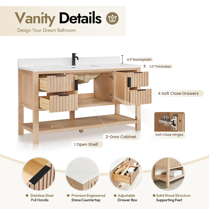 Vinnova 704360-AN-GW Vitre 60" Single Sink Bath Vanity in Aged Natural Oak - view 12