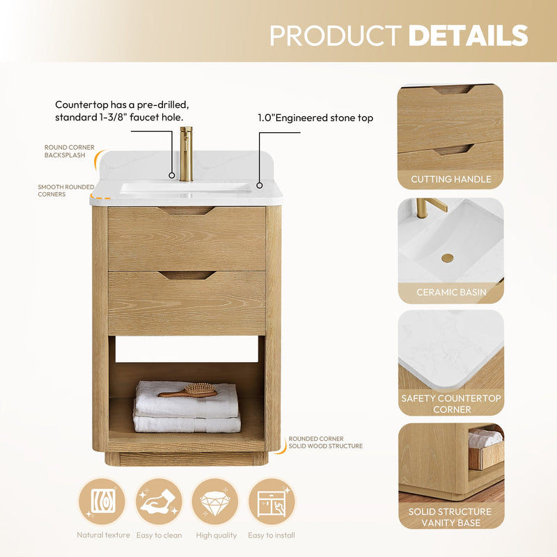 Vinnova 704824-WA-GW Harbin 24" Free-standing Single Bath Vanity in Washed Ash Grey with White Grain Stone Top