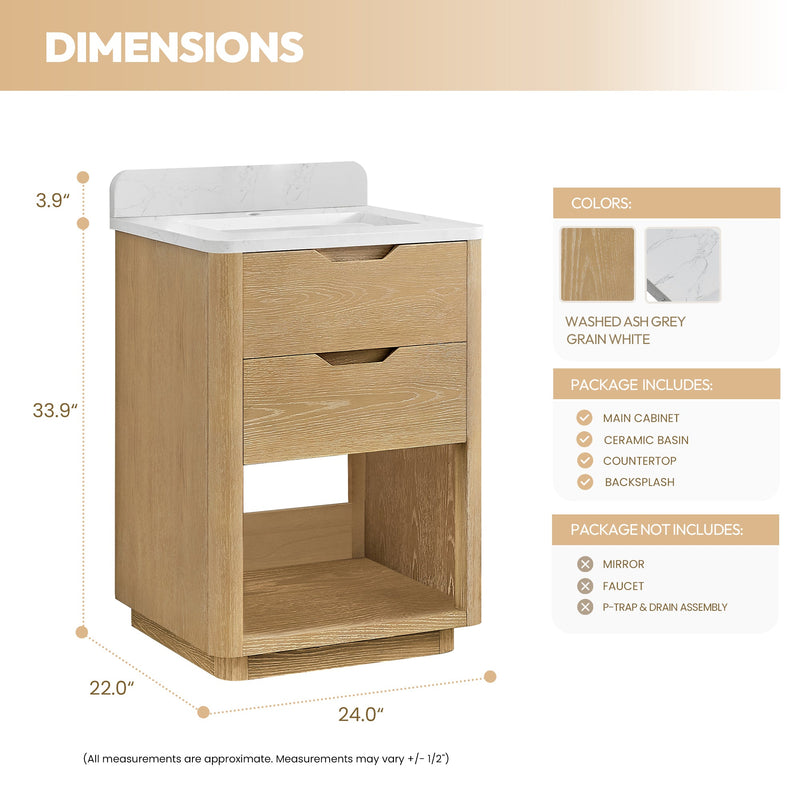 Vinnova 704824-WA-GW Harbin 24" Free-standing Single Bath Vanity in Washed Ash Grey with White Grain Stone Top
