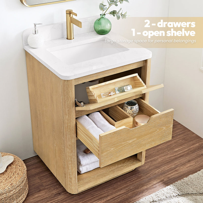 Vinnova 704824-WA-GW Harbin 24" Free-standing Single Bath Vanity in Washed Ash Grey with White Grain Stone Top