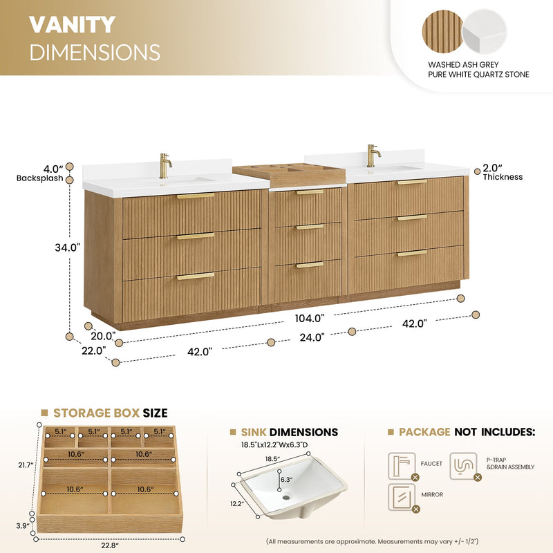 Vinnova 7049108-WA-PQ Santarem 108" Combined Double Bath Vanity in Washed Ash Grey