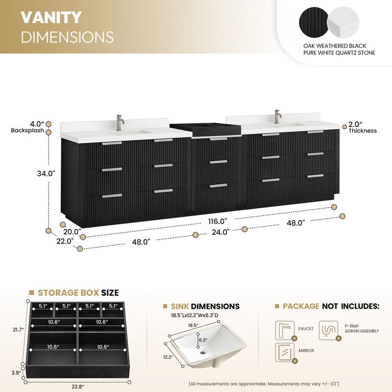 Vinnova 7049120-OK-PQ Santarem 120" Combined Double Bath Vanity in Oak Weathered Black