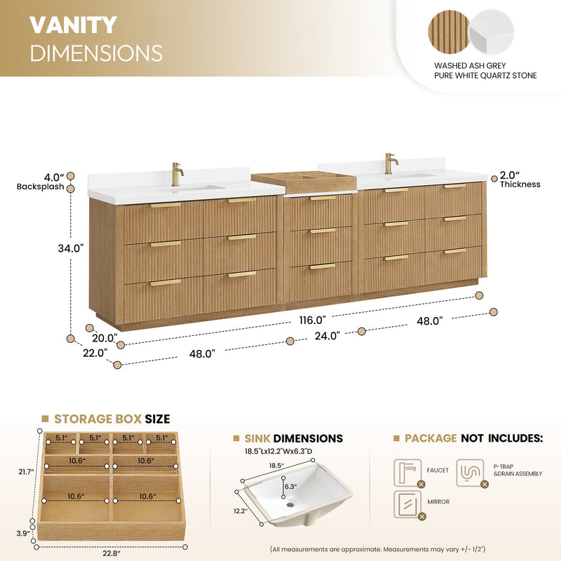 Vinnova 7049120-WA-PQ Santarem 120" Combined Double Bath Vanity in Washed Ash Grey