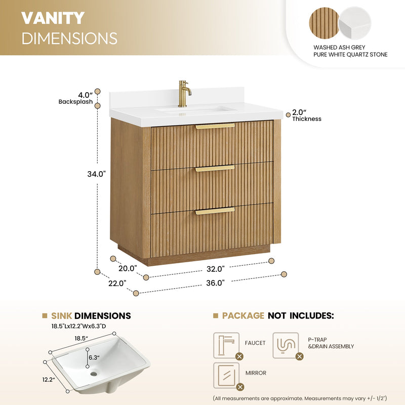 Vinnova 704936-WA-PQ Santarem 36" Single Bath Vanity in Washed Ash Grey
