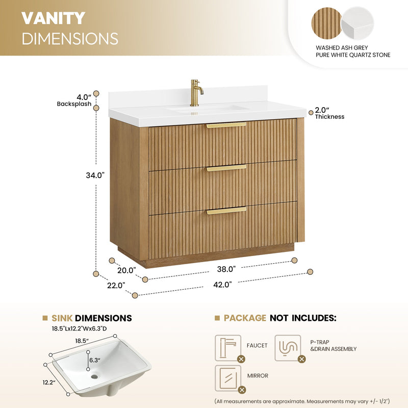Vinnova 704942-WA-PQ Santarem 42" Single Bath Vanity in Washed Ash Grey
