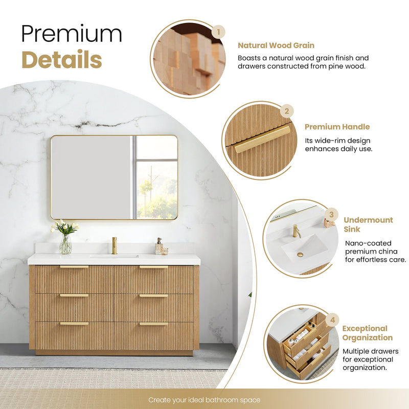 Vinnova 704960-WA-PQ Santarem 60" Single Bath Vanity in Washed Ash Grey