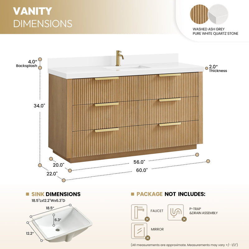 Vinnova 704960-WA-PQ Santarem 60" Single Bath Vanity in Washed Ash Grey