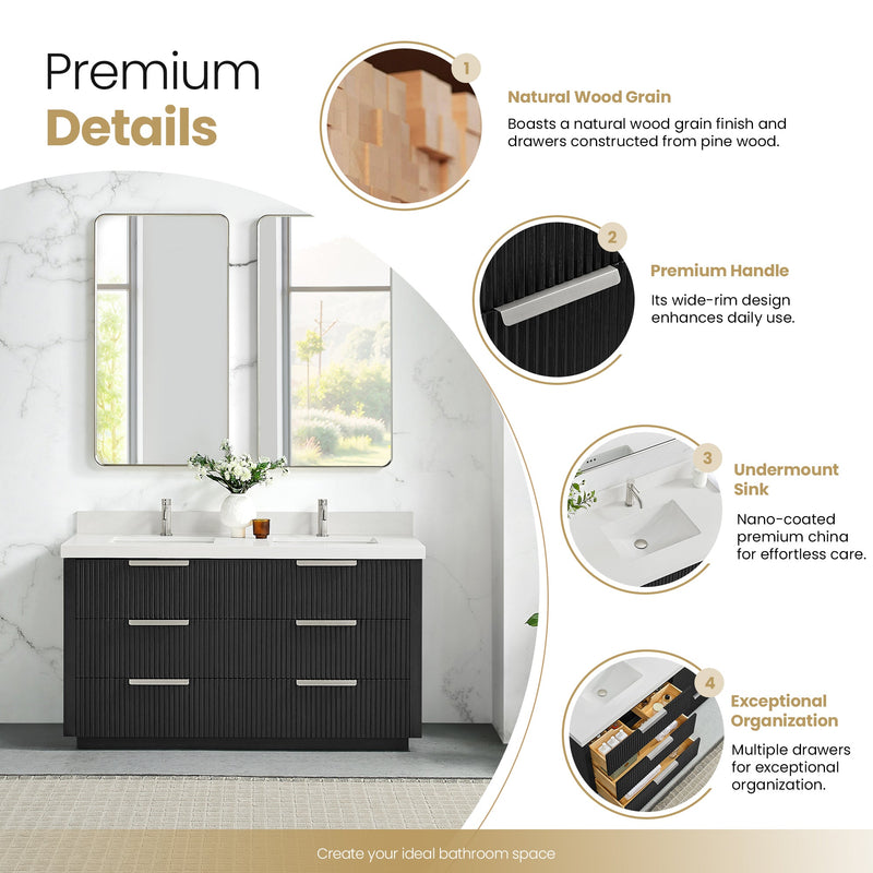 Vinnova 704960M-OK-PQ Santarem 60M" Double Bath Vanity in Oak Weathered Black