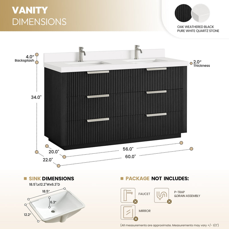 Vinnova 704960M-OK-PQ Santarem 60M" Double Bath Vanity in Oak Weathered Black