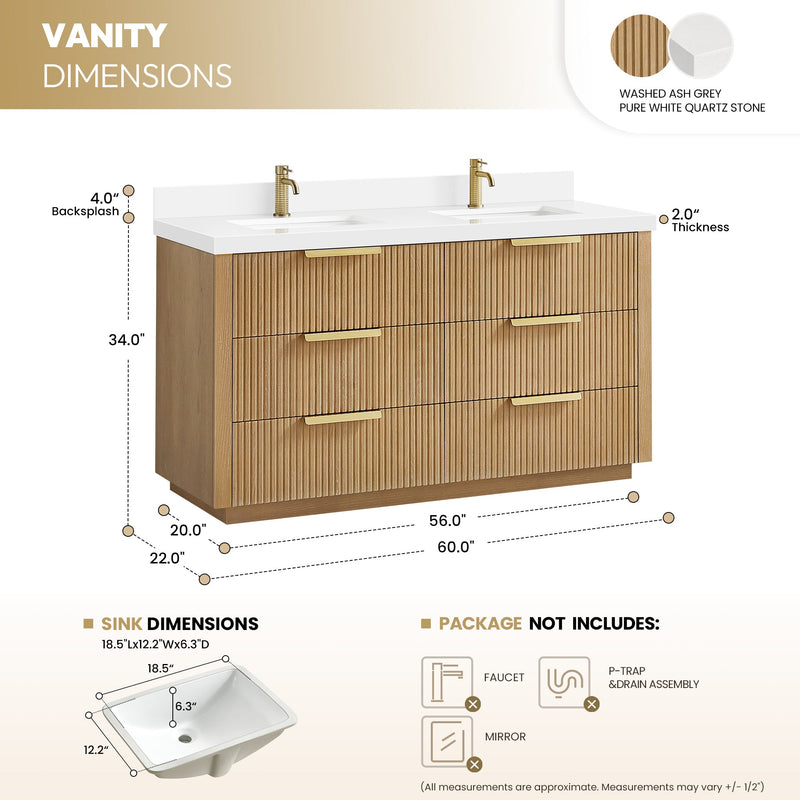 Vinnova 704960M-WA-PQ Santarem 60M" Double Bath Vanity in Washed Ash Grey