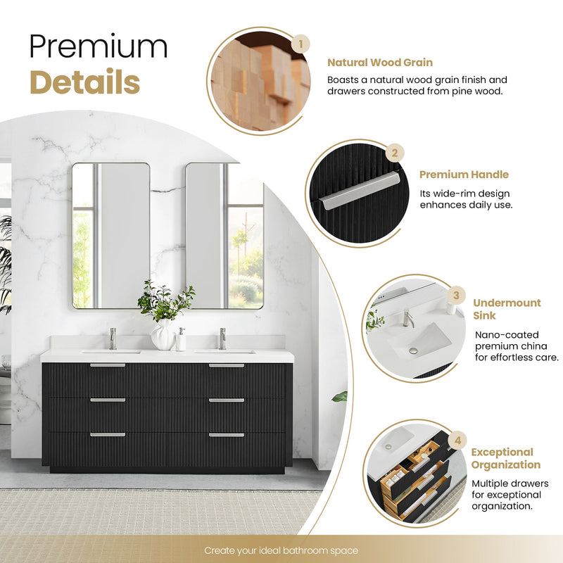 Vinnova 704972-OK-PQ Santarem 72" Double Bath Vanity in Oak Weathered Black