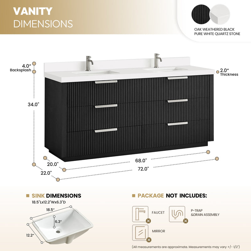 Vinnova 704972-OK-PQ Santarem 72" Double Bath Vanity in Oak Weathered Black