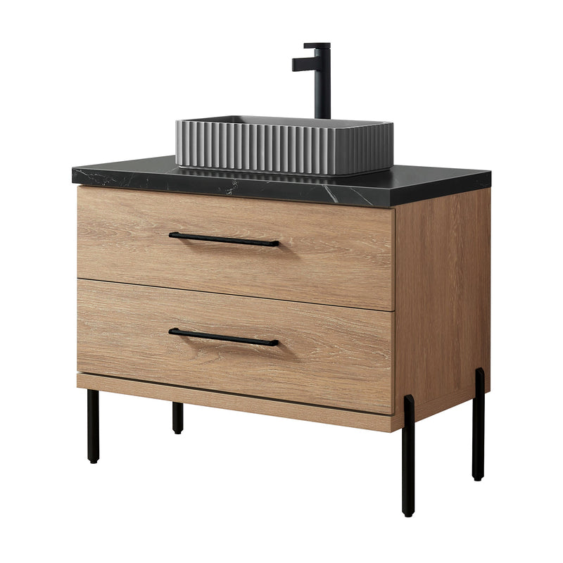 Vinnova 705136A-NO-SL Trento 36A" Single Sink Bath Vanity in North American Oak with Black Sintered Stone Top and Rectangular Concrete Sink