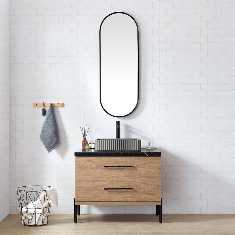 Vinnova 705136A-NO-SL Trento 36A" Single Sink Bath Vanity in North American Oak with Black Sintered Stone Top and Rectangular Concrete Sink