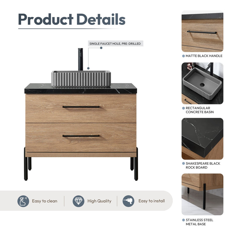 Vinnova 705136A-NO-SL Trento 36A" Single Sink Bath Vanity in North American Oak with Black Sintered Stone Top and Rectangular Concrete Sink