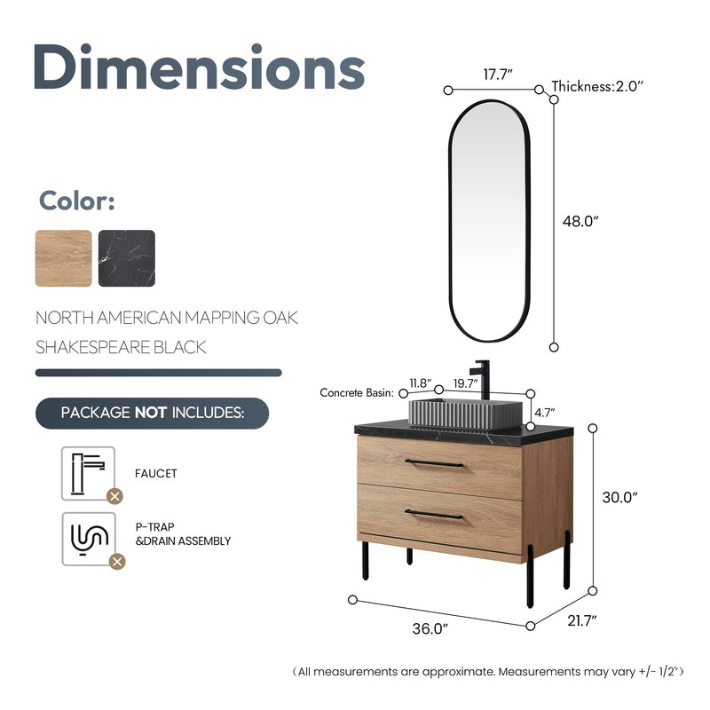 Vinnova 705136A-NO-SL Trento 36A" Single Sink Bath Vanity in North American Oak with Black Sintered Stone Top and Rectangular Concrete Sink