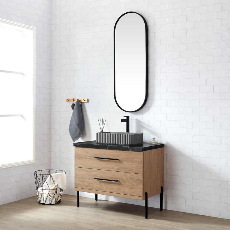 Vinnova 705136A-NO-SL Trento 36A" Single Sink Bath Vanity in North American Oak with Black Sintered Stone Top and Rectangular Concrete Sink