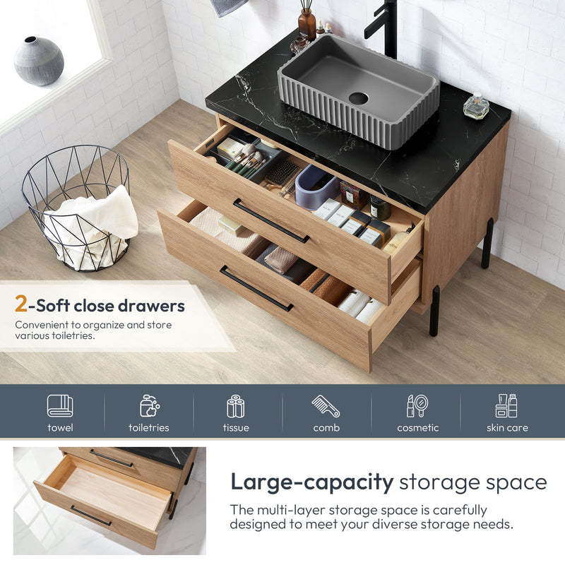 Vinnova 705136A-NO-SL Trento 36A" Single Sink Bath Vanity in North American Oak with Black Sintered Stone Top and Rectangular Concrete Sink