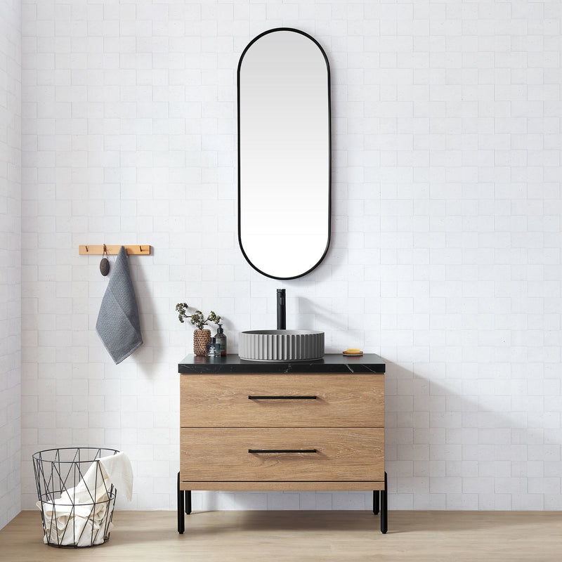 Vinnova 705136B-NO-SL Trento 36B" Single Sink Bath Vanity in North American Oak with Black Sintered Stone Top and Circular Concrete Sink