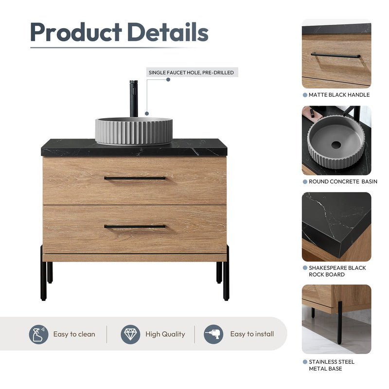Vinnova 705136B-NO-SL Trento 36B" Single Sink Bath Vanity in North American Oak with Black Sintered Stone Top and Circular Concrete Sink