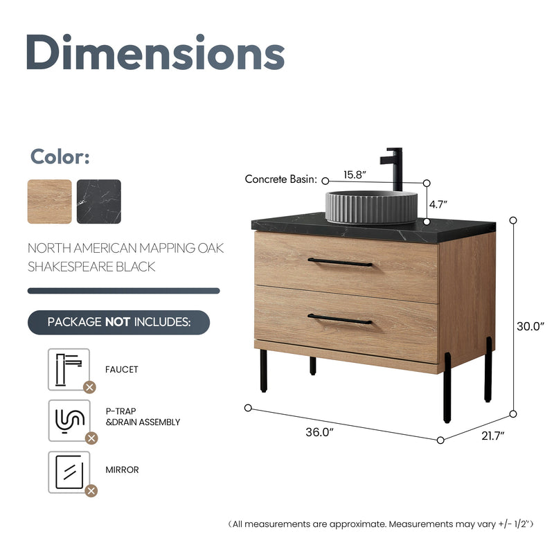 Vinnova 705136B-NO-SL Trento 36B" Single Sink Bath Vanity in North American Oak with Black Sintered Stone Top and Circular Concrete Sink