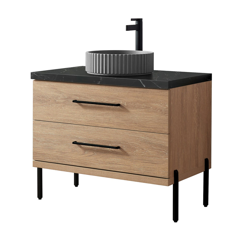 Vinnova 705136B-NO-SL Trento 36B" Single Sink Bath Vanity in North American Oak with Black Sintered Stone Top and Circular Concrete Sink